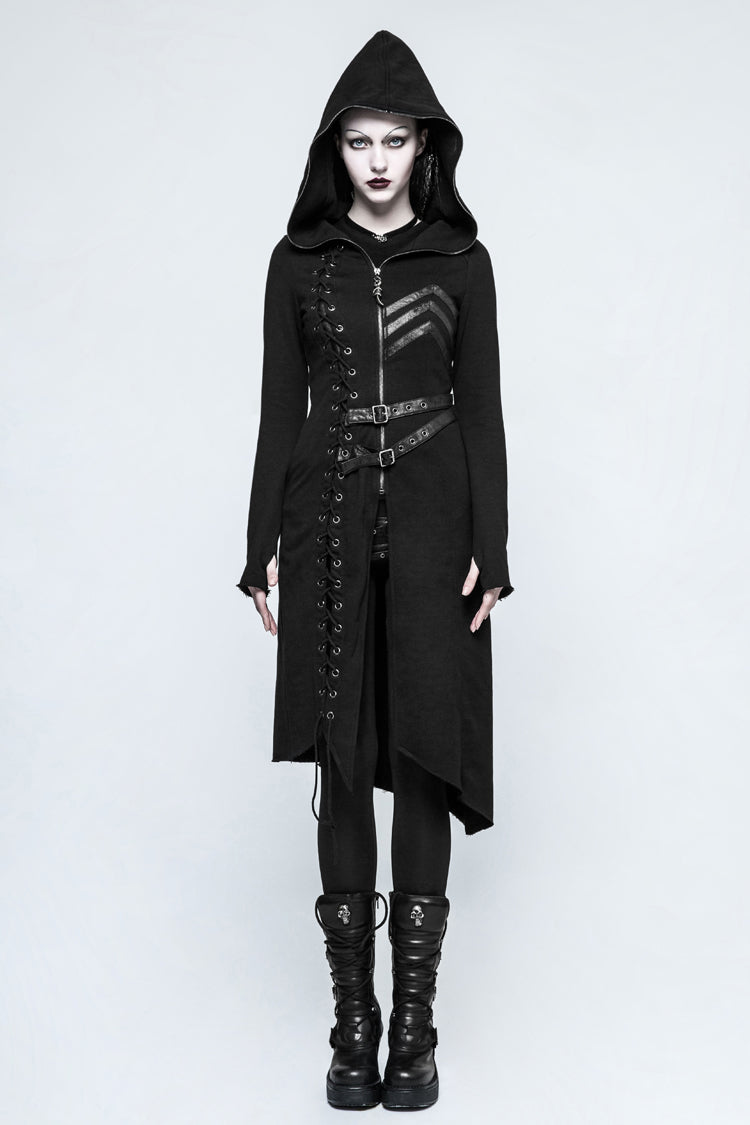 Black Long Sleeves Hooded Asymmetric Women's Gothic Military Coat With Belt - Black - 1