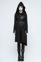 Black Long Sleeves Hooded Asymmetric Women's Gothic Military Coat With Belt - Black - 1