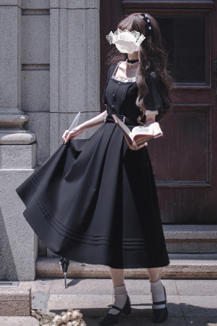 Black [Random Thoughts] Square Collar Short Sleeves Ruffle Classic Vintage Elegant Lolita Dress - Product - 11