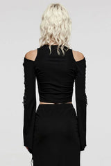 Black V Collar Off Shoulder Long Sleeves Hollow Tie Rope Womens Steampunk T-Shirt - Product - 3