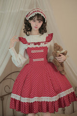 Red [Showa Memoir] Polka Dots Printed Ruffled Bow Sweet Lolita Dress - Product - 16