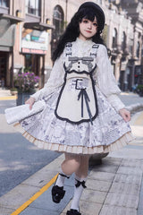 White Vintage Berlin Daily Print Removable Apron Classic Lolita Strap Dress - Product - 2