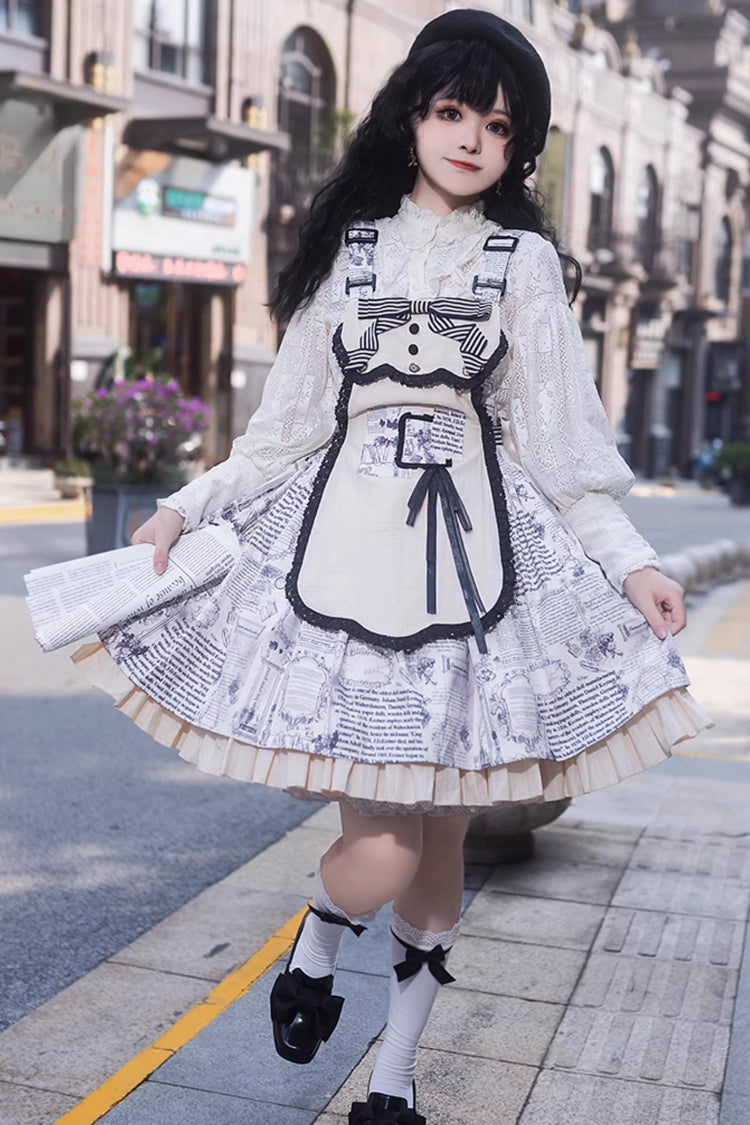 White Vintage Berlin Daily Print Removable Apron Classic Lolita Strap Dress - Product - 2