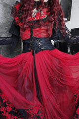 Black/Red Stand Collar Sleeveless Printed Hanayome Lace Lace-Up Women's Gothic Elegant Dress Wedding Dress - Product - 5