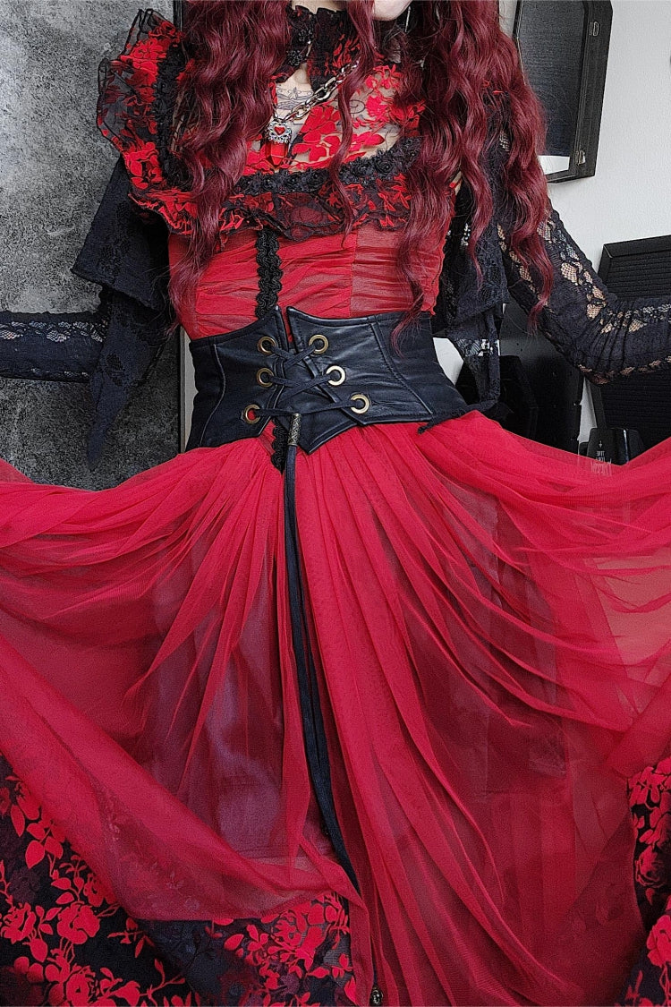 Black/Red Stand Collar Sleeveless Printed Hanayome Lace Lace-Up Women's Gothic Elegant Dress Wedding Dress - Product - 5