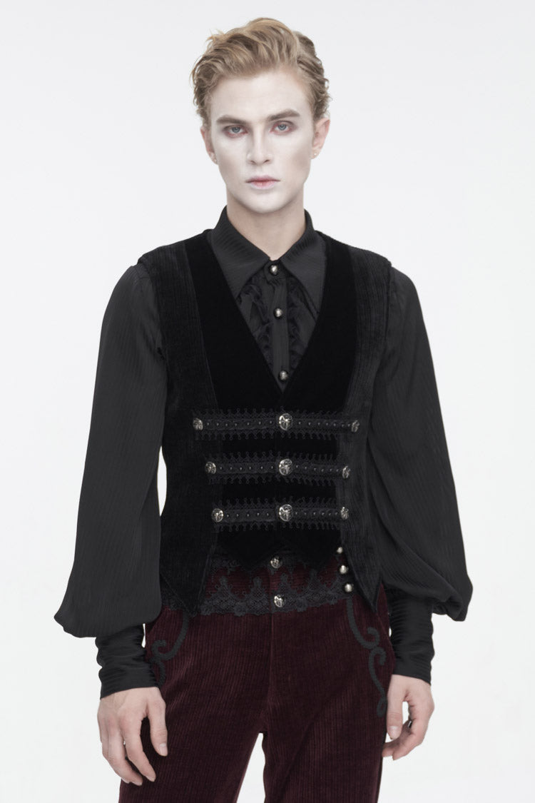 Black Velvet Irregular Splice Corduroy Men's Gothic Waistcoat - Black - 1