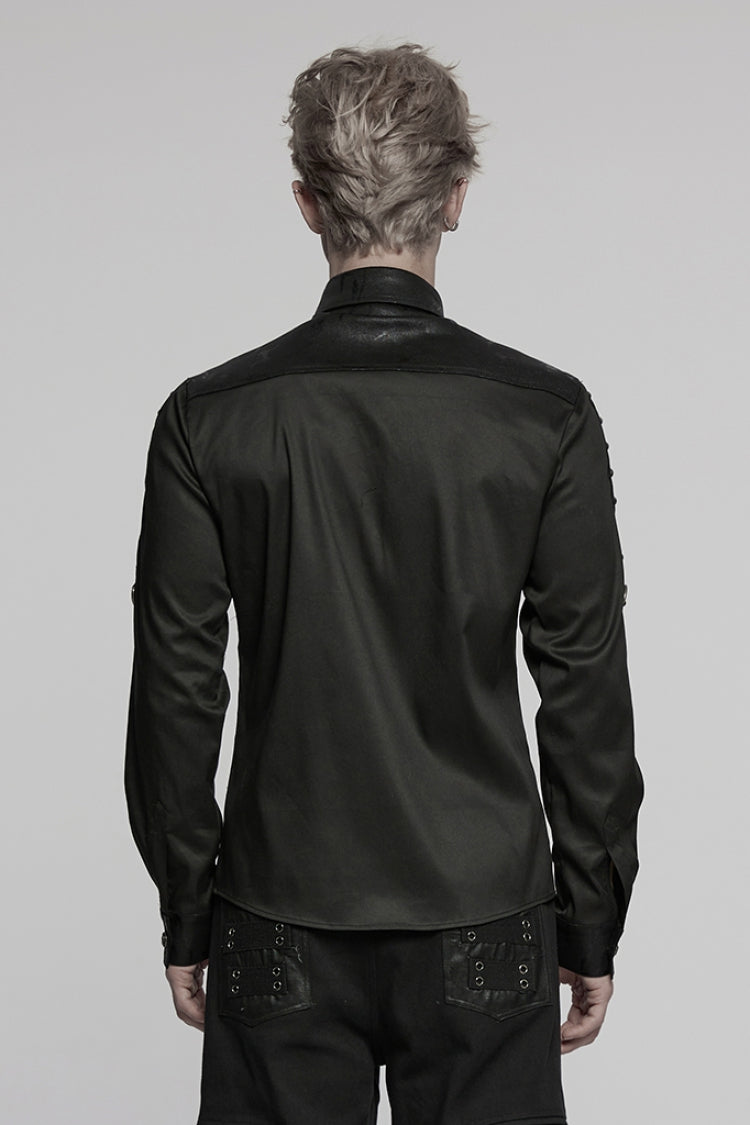 Black Lapel Collar Long Sleeves Stitching Mesh Men's Punk Blouse - Product - 3