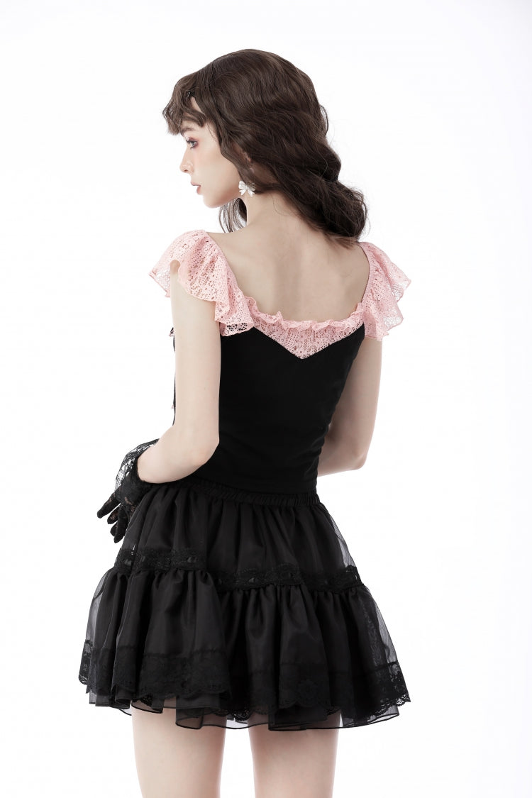 Black Women's Gothic Lolita Bowknot Multi-Layered Lace Trim Mini Skirt - Product - 4