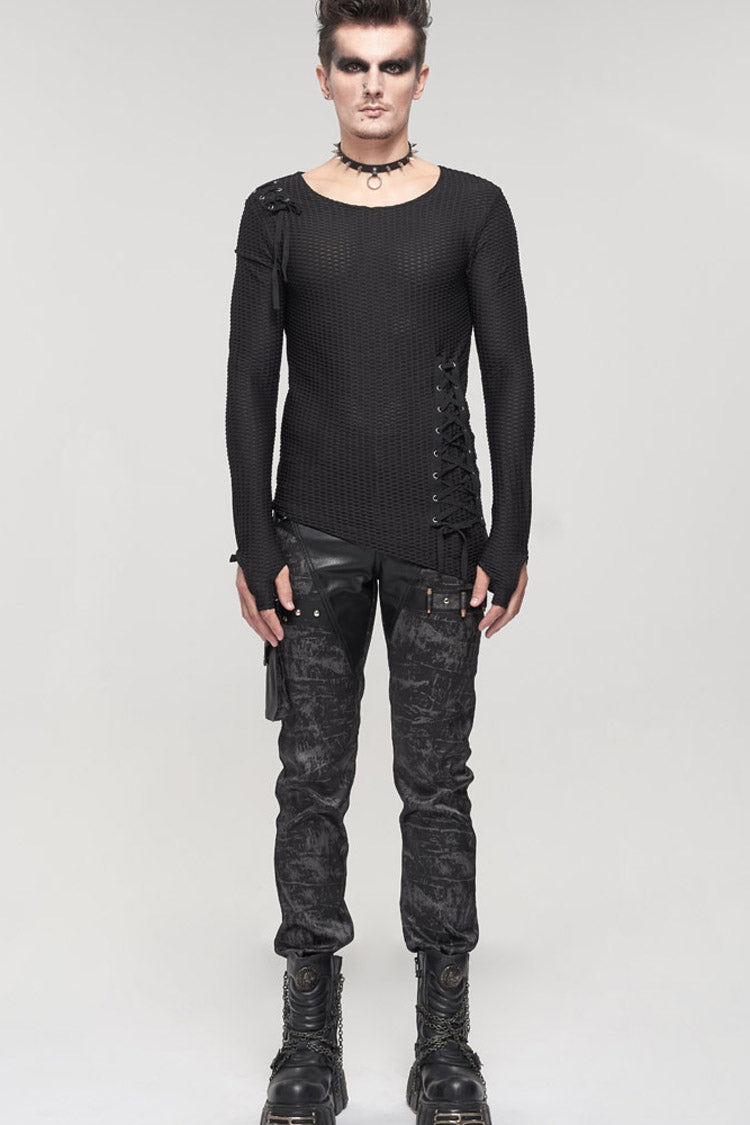 Black Punk Do Old Print Detachable Multi-Pocket Splicing Metal Rivet Decoration Men's Long Pants - Product - 6