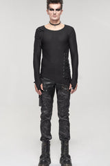 Black Punk Do Old Print Detachable Multi-Pocket Splicing Metal Rivet Decoration Men's Long Pants - Product - 6