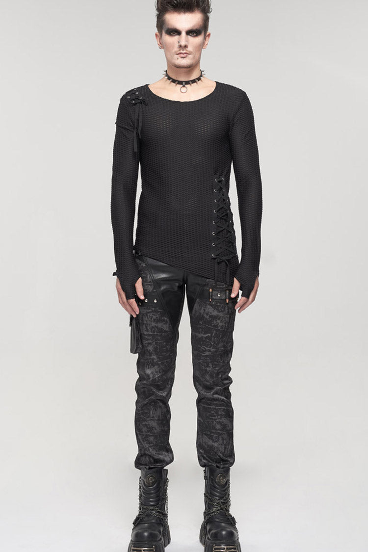 Black Punk Do Old Print Detachable Multi-Pocket Splicing Metal Rivet Decoration Men's Long Pants - Product - 6