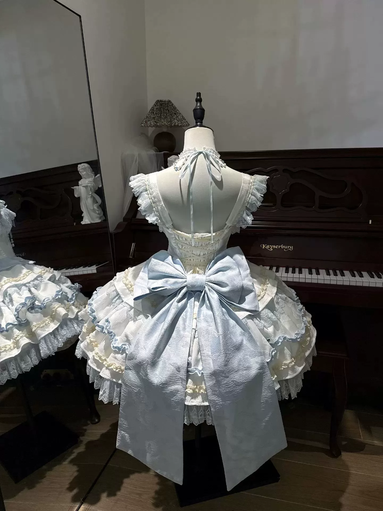 Light Blue and Pink Ruffled Sweet Lolita Dress with Floral Bow Accent - view 3