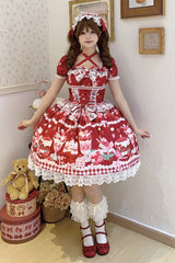 Red [Strawberry Parfait] Print Short Sleeves Ruffle Bowknot Lace Lace-Up Sweet Lolita Dress - Product - 10