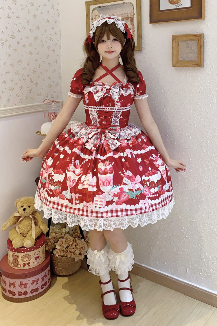 Red [Strawberry Parfait] Print Short Sleeves Ruffle Bowknot Lace Lace-Up Sweet Lolita Dress - Product - 10