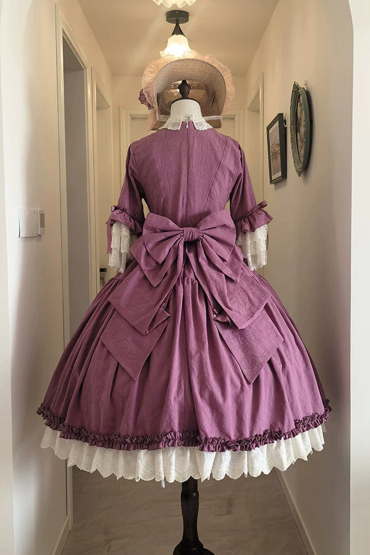 Plum Red [Lilica Garden] Lapel Collar Short Trumpet Sleeves Ruffled Open-Front Bow Lace Sweet Elegant Luxurious Lolita Dress - Product - 7