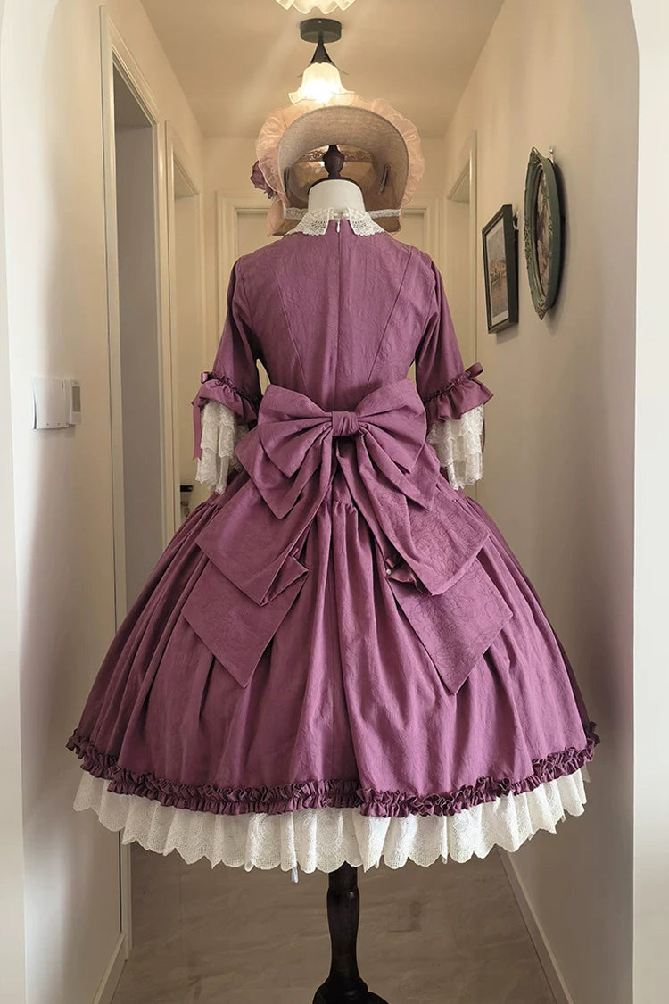 Plum Red [Lilica Garden] Lapel Collar Short Trumpet Sleeves Ruffled Open-Front Bow Lace Sweet Elegant Luxurious Lolita Dress - Product - 7