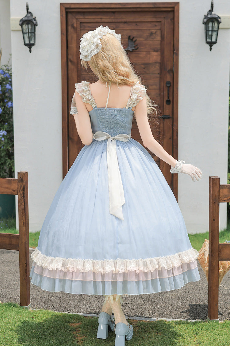 Blue [Island Diary] Square Collar Flutter Sleeves Triple-Layered Ruffled Lace-Up Sweet Lolita Jsk Dress 2 Versions - Product - 14