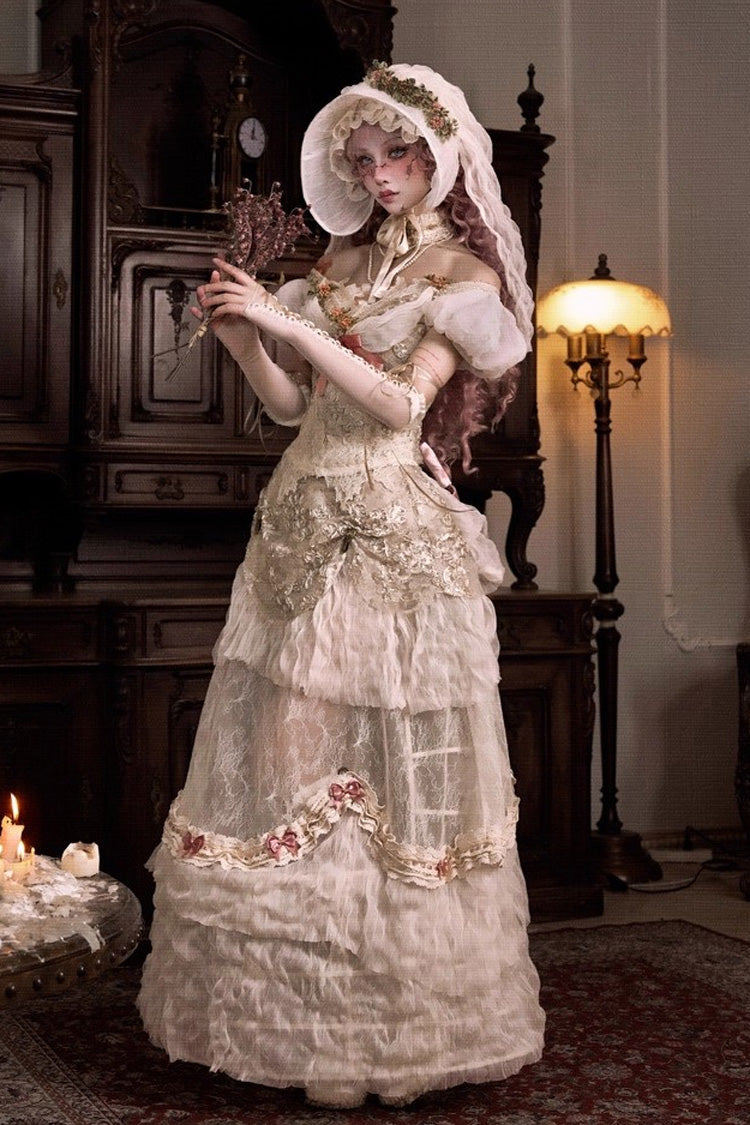 Light Brown [Cupid’s Poetry Box] Boat Neck Short Puff Sleeves Ruffled Cut-Out Embroidered Bow Lace Gothic Elegant Lolita Skirt Dress and Top Set - Product - 2