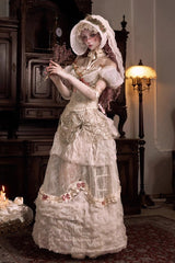 Light Brown [Cupid’s Poetry Box] Boat Neck Short Puff Sleeves Ruffled Cut-Out Embroidered Bow Lace Gothic Elegant Lolita Skirt Dress and Top Set - Product - 2