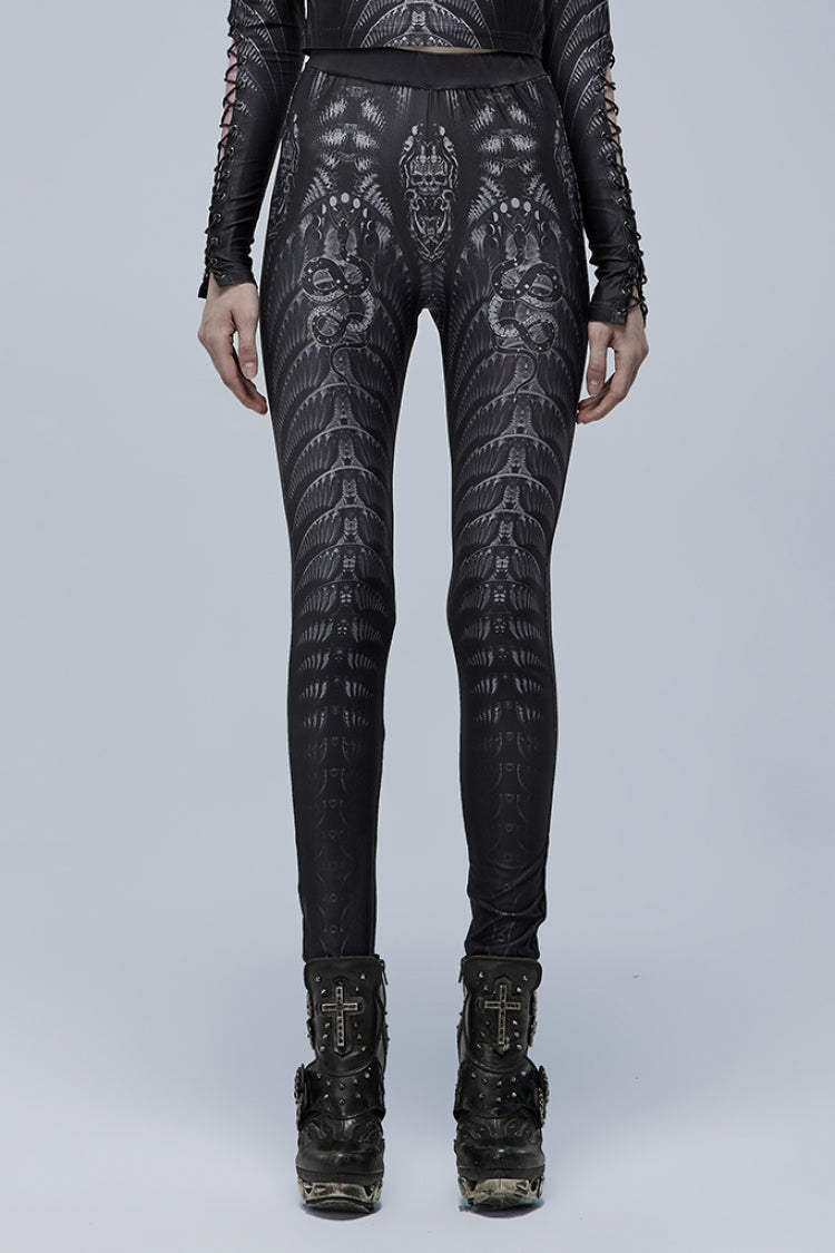 Skull Print Slim Sheer Women's Gothic Leggings 2 Colors - Black/Grey - 8