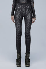 Skull Print Slim Sheer Women's Gothic Leggings 2 Colors - Black/Grey - 8