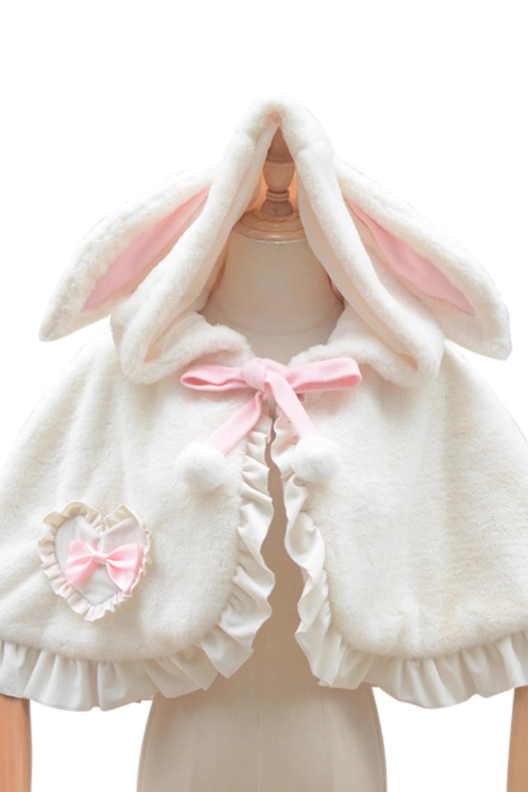 Ivory Plush Bunny Ears Bowknot Sweet Princess Lolita Cloak Coat - Product - 3