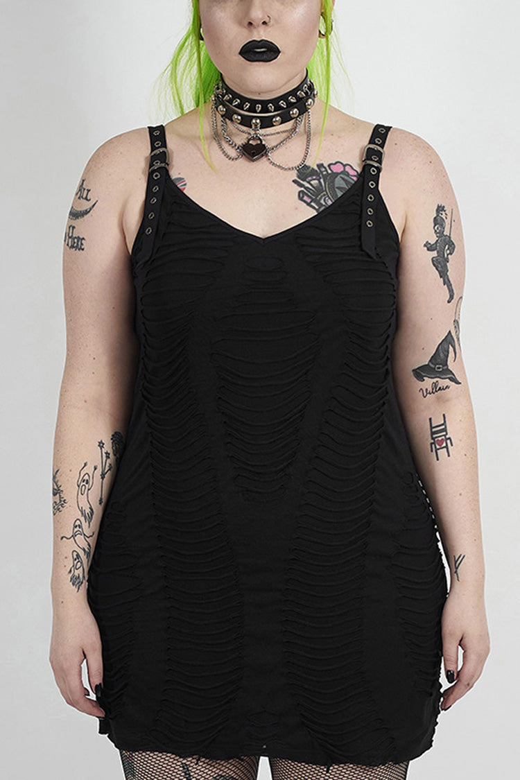 Black Metal Eyelets Strap Irregular Knit Plus Size Women's Punk Sling Dress - Black - 1