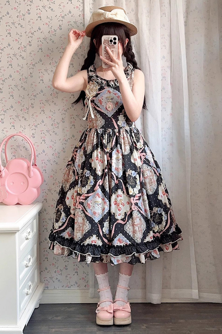 Cat Rose Tea Sleeveless Print Ruffle Bowknot Sweet Lolita Jumper Dress Version2 3 Colors - Black - 13