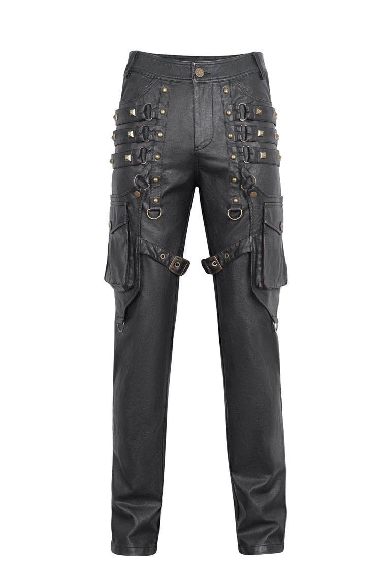 Black Big Pocket Bronze Studded Faux Leather Men's Gothic Pants - Product - 6