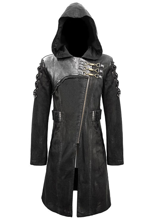 Brown Hooded Denim Tattered Long Mens Punk Coat - Product - 5
