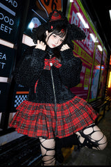 Black/Red [Night Cat] Plaid Print Ruffle Bowknot Hooded Sweet Lolita Skirt Coat - Black/Red - 1