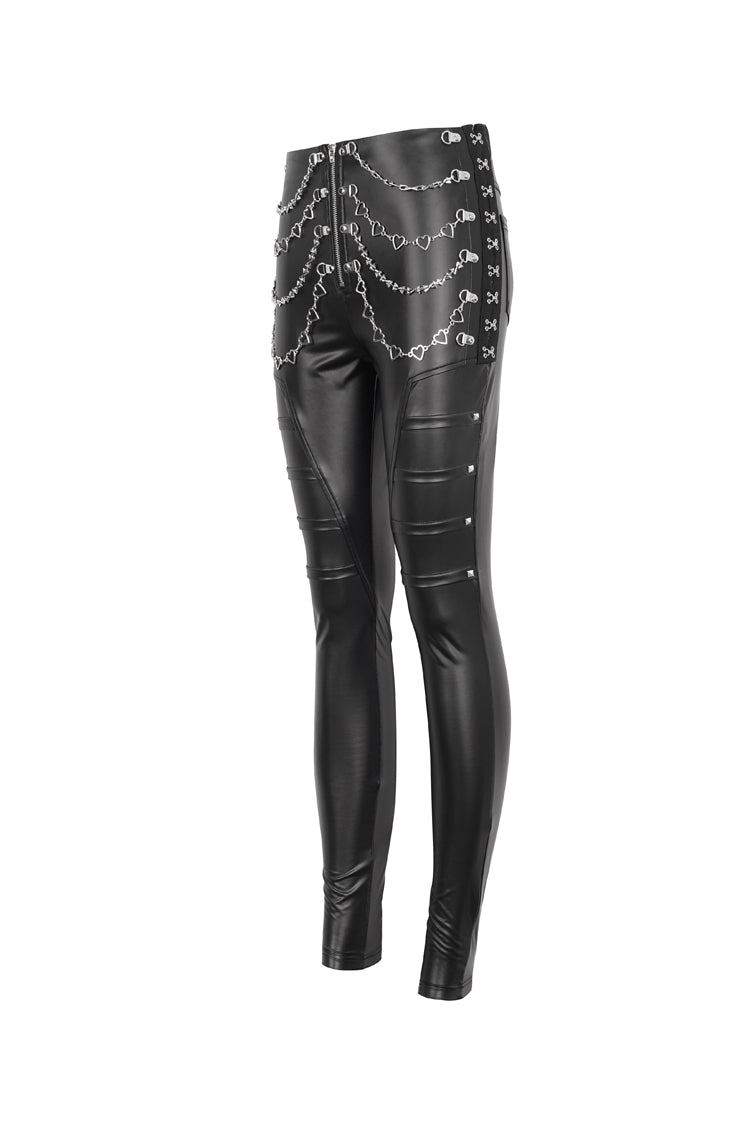 Black Chain Stud Skintight Leather Womens Punk Pants - Product - 8