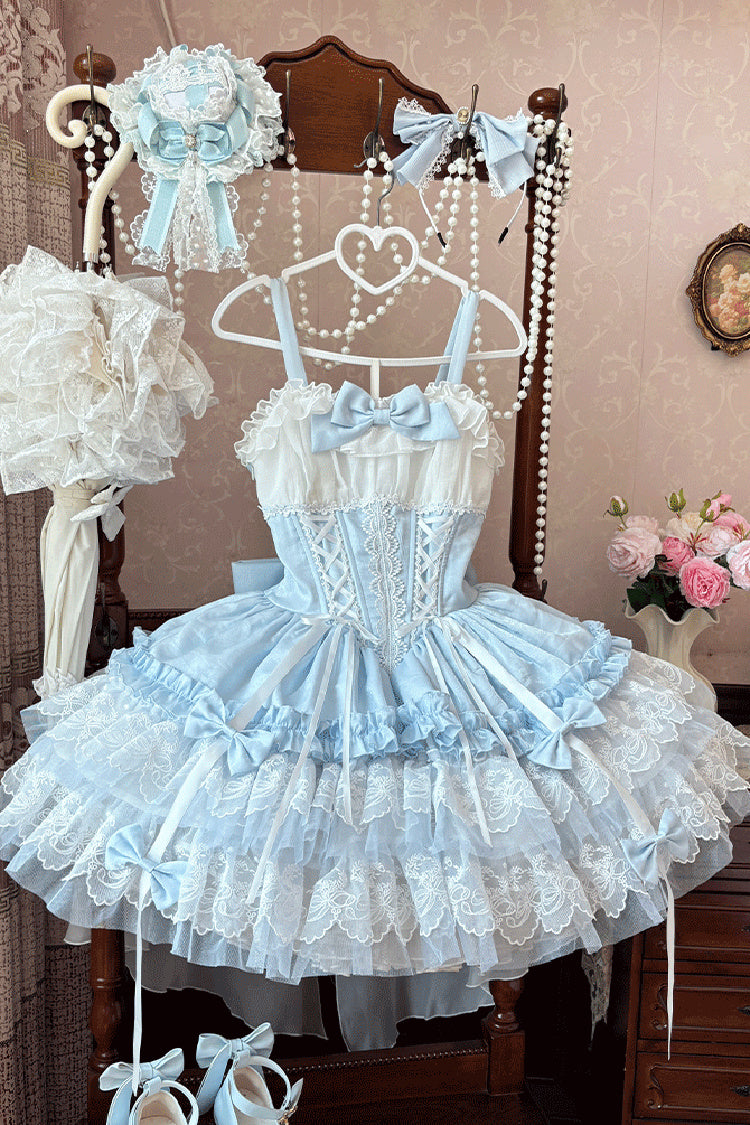 Blue [Dance of Time] Sleeveless Triple-Layered Ruffle Bowknot Lace Lace-Up Sweet Ballet Lolita Jsk Dress - Product - 3
