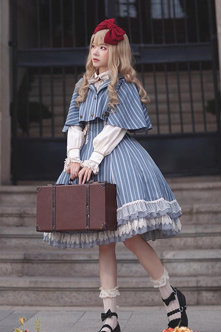 Blue Multi-layer Stripe Print Ruffle Sweet Lolita Jsk Dress - Product - 11