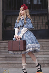 Blue Multi-layer Stripe Print Ruffle Sweet Lolita Jsk Dress - Product - 11