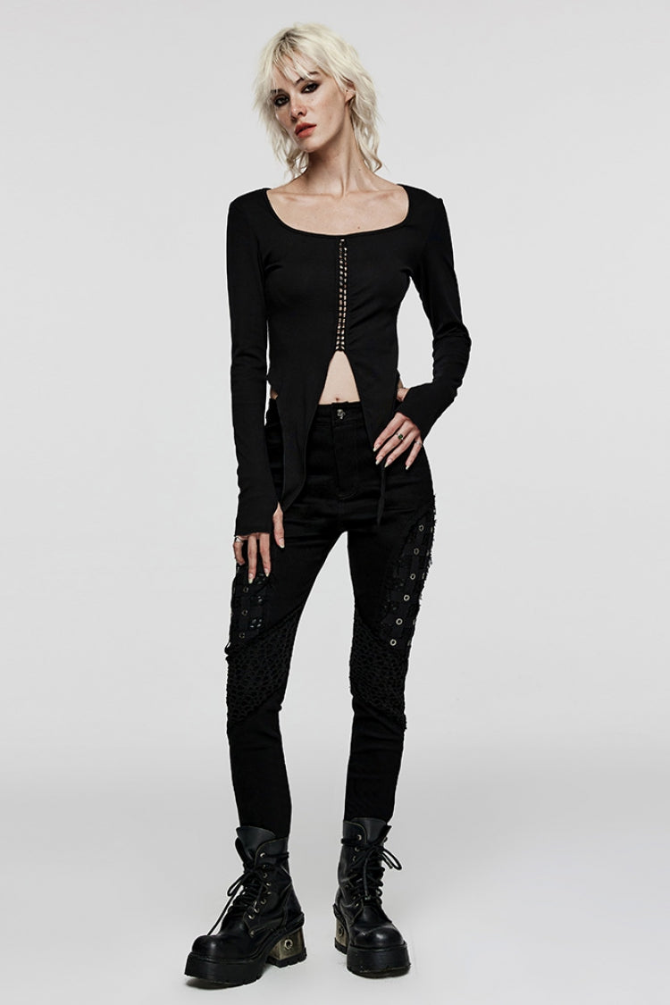 Black Stitching Slim Mesh Metal Eyelet Decoration Women's Steampunk Pants - Product - 4