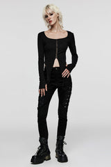 Black Stitching Slim Mesh Metal Eyelet Decoration Women's Steampunk Pants - Product - 4
