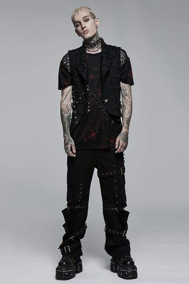 Black Gothic Asymmetrical Decadence Hairy Flu Back Cutout Design Leather Strip Metal Rivets Men's Vest - Product - 4