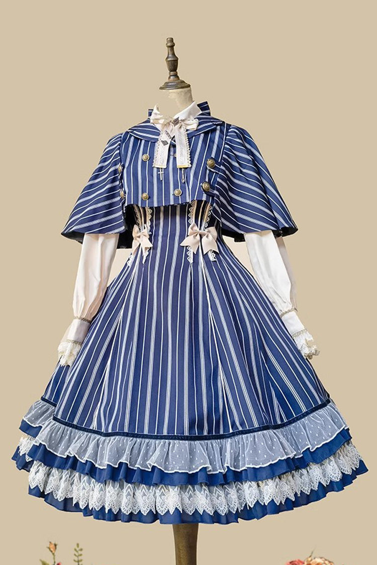 Blue Multi-layer Stripe Print Ruffle Sweet Lolita Jsk Dress - Product - 8