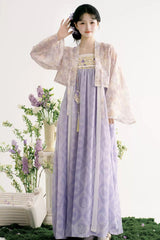 Purple/Apricot [Rain Dream] Long Sleeves High Waisted Printed Embroidered Women's Sweet Hanfu Dress Set - Purple/Apricot - 1