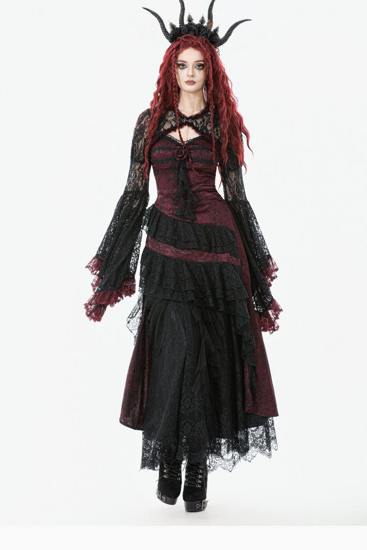Black/Red Rose Irregular Multi-Layered Lace Ruffled Women's Gothic Slip Dress Wedding Dress - Product - 11