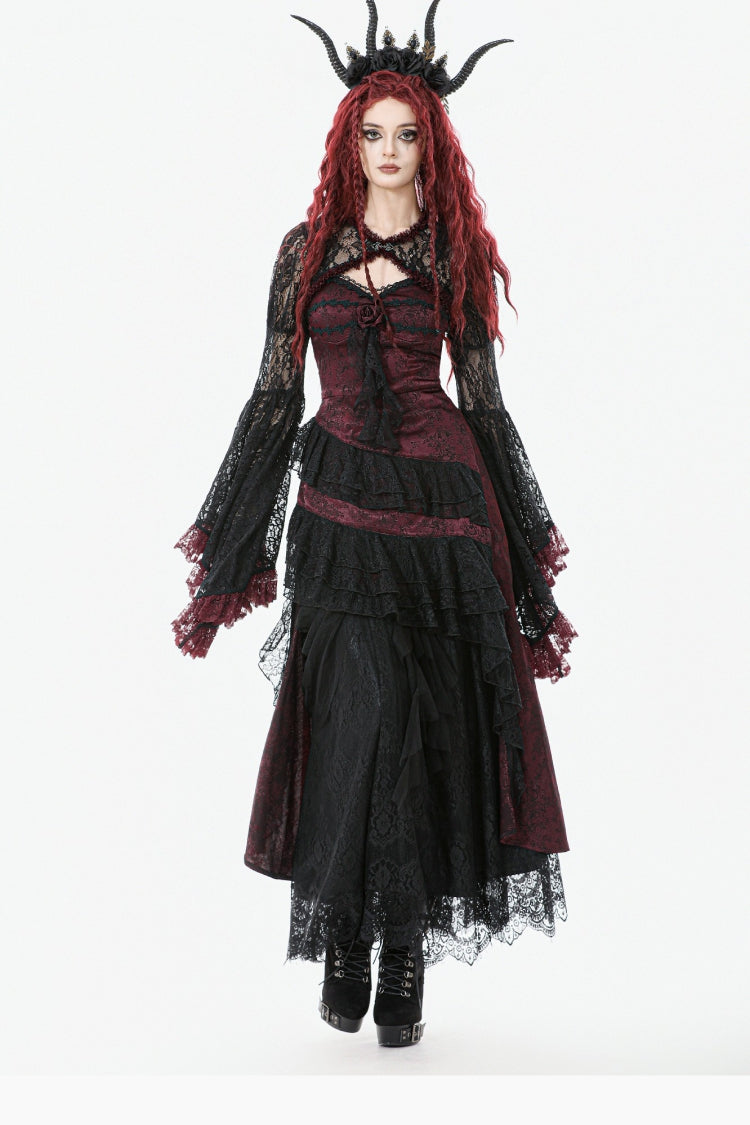 Black/Red Rose Irregular Multi-Layered Lace Ruffled Women's Gothic Slip Dress Wedding Dress - Product - 11