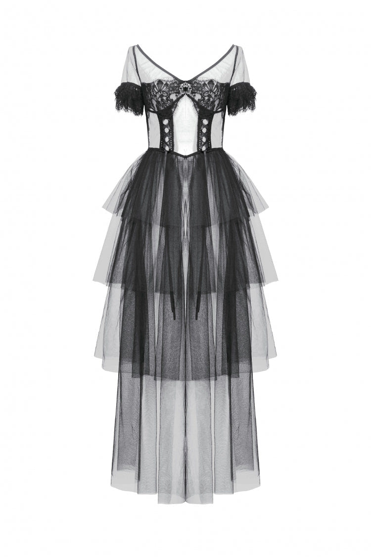 Black V Collar Short Sleeves Multi-Layered Sheer Mesh Women's Gothic Dress - Product - 3