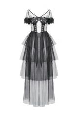 Black V Collar Short Sleeves Multi-Layered Sheer Mesh Women's Gothic Dress - Product - 3