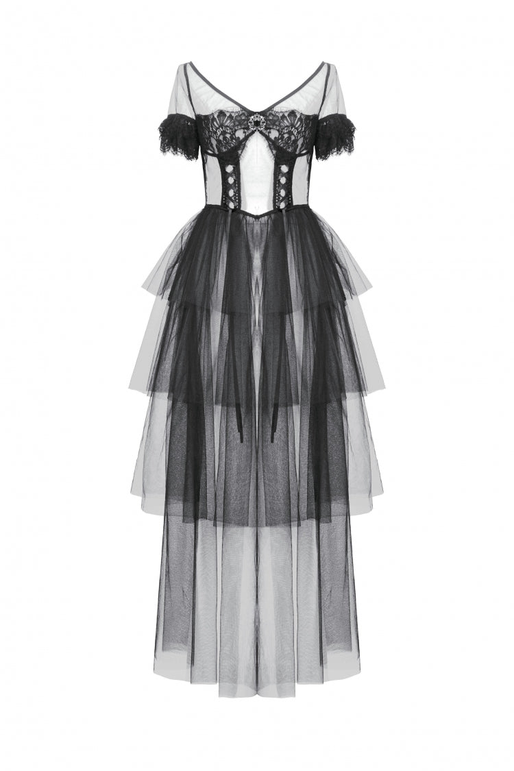 Black V Collar Short Sleeves Multi-Layered Sheer Mesh Women's Gothic Dress - Product - 3