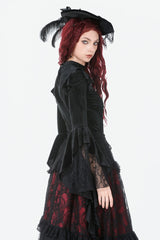 Black Multi-Layered Long Flare Sleeves Embroidered Sheer Mesh Splice Velvet Women's Gothic Top - Product - 5