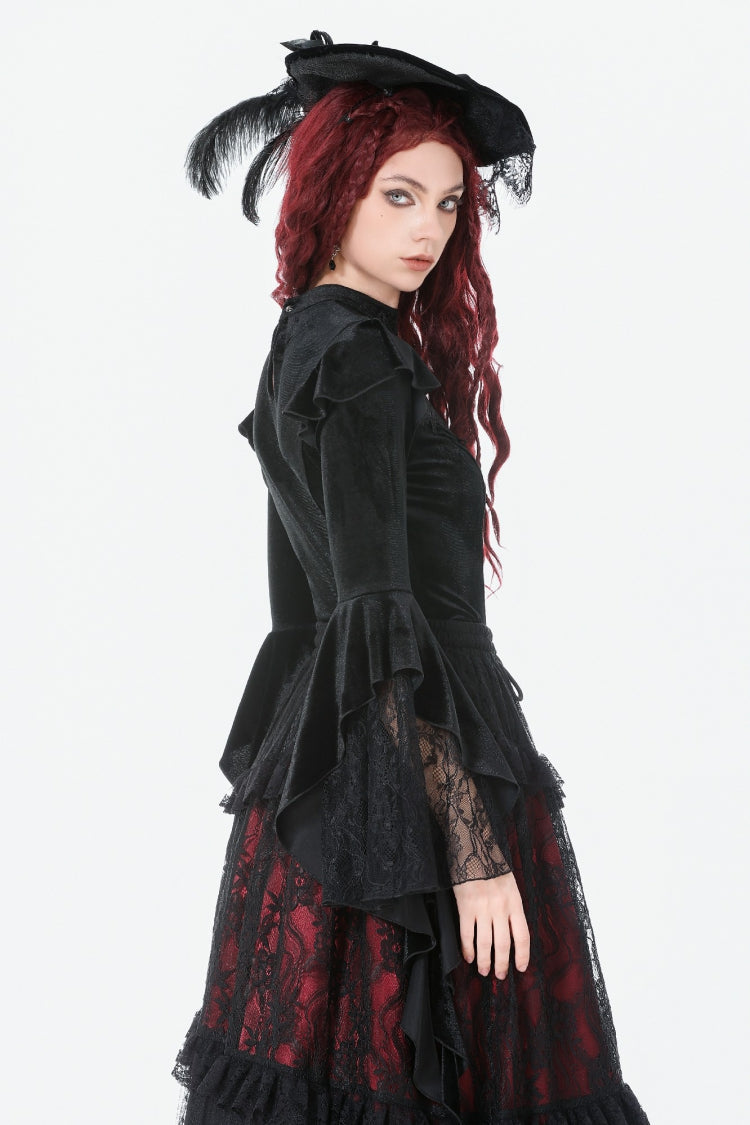 Black Multi-Layered Long Flare Sleeves Embroidered Sheer Mesh Splice Velvet Women's Gothic Top - Product - 5