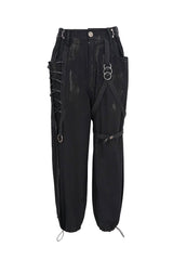 Black Irregular Print Single Side Frenulum Ring Legs Drawstring Closing Women's Punk Pants - Product - 7