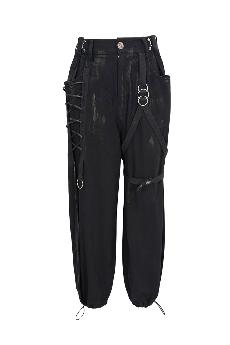 Black Irregular Print Single Side Frenulum Ring Legs Drawstring Closing Women's Punk Pants - Product - 7