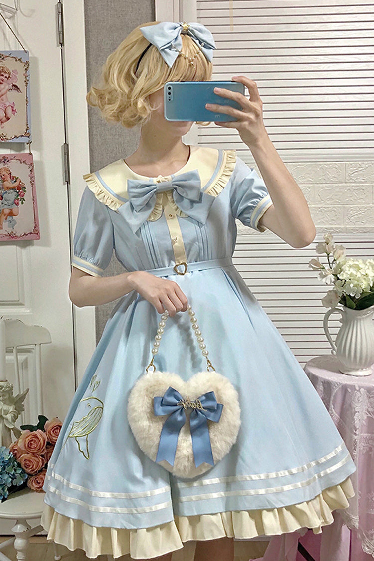 Little Sea Whale Navy Sailor Short Sleeves Sweet Lolita OP Dress 3 Colors - Product - 10